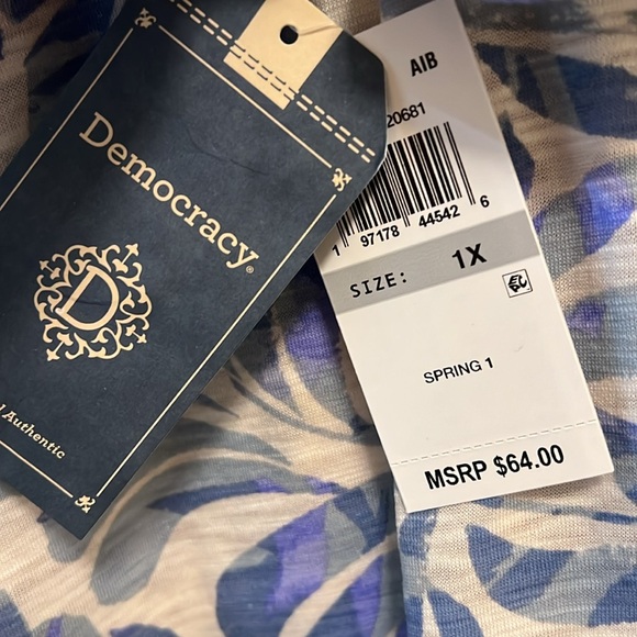 Democracy Airy Blue Elbow Blouson Sleeve Scoop Neck Leaf Print Knit Top - Picture 7 of 12